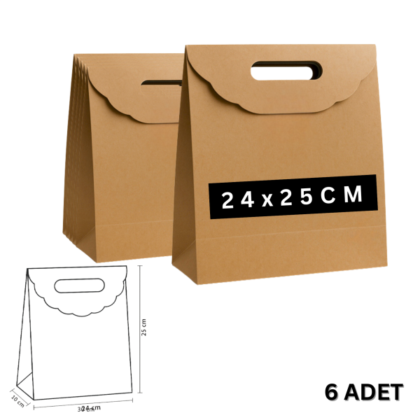 El Geçme Kraft Çanta, Hediye, Alışveriş, Butik, Parti ve Paketleme Çantası, 24x25 Cm, 6 Adet