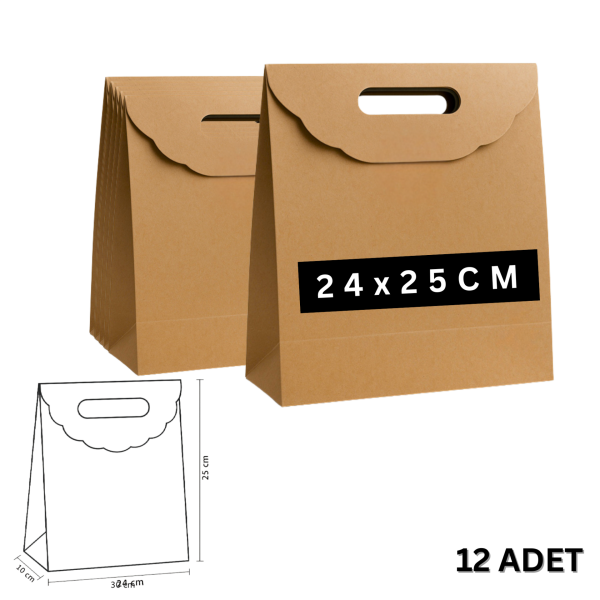 El Geçme Kraft Çanta, Hediye, Alışveriş, Butik, Parti ve Paketleme Çantası, 24x25 Cm, 12 Adet