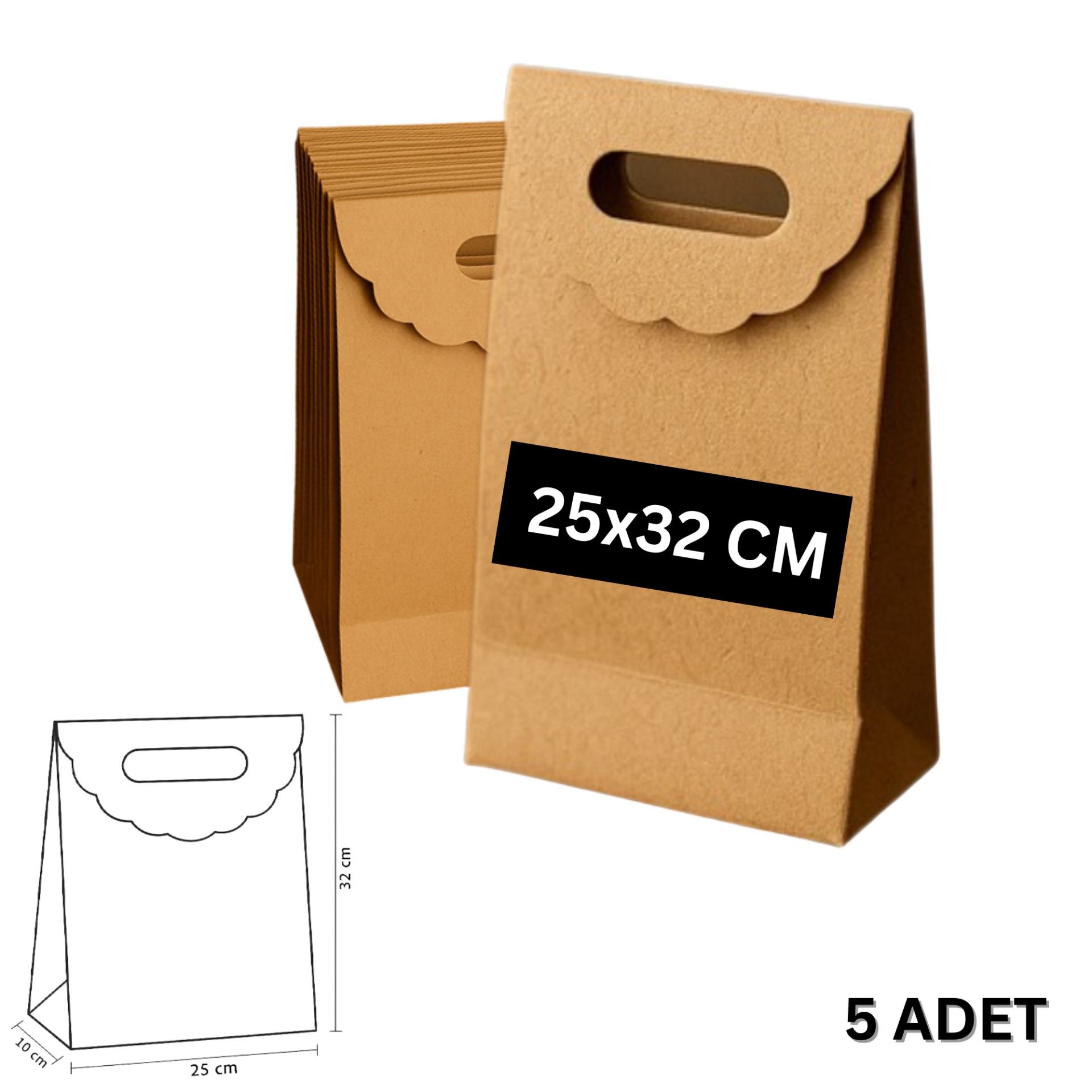 El Geçme Kraft Çanta, Hediye, Alışveriş, Butik, Parti ve Paketleme Çantası, 25x32 Cm, 5 Adet