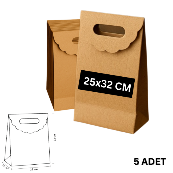 El Geçme Kraft Çanta, Hediye, Alışveriş, Butik, Parti ve Paketleme Çantası, 25x32 Cm, 5 Adet