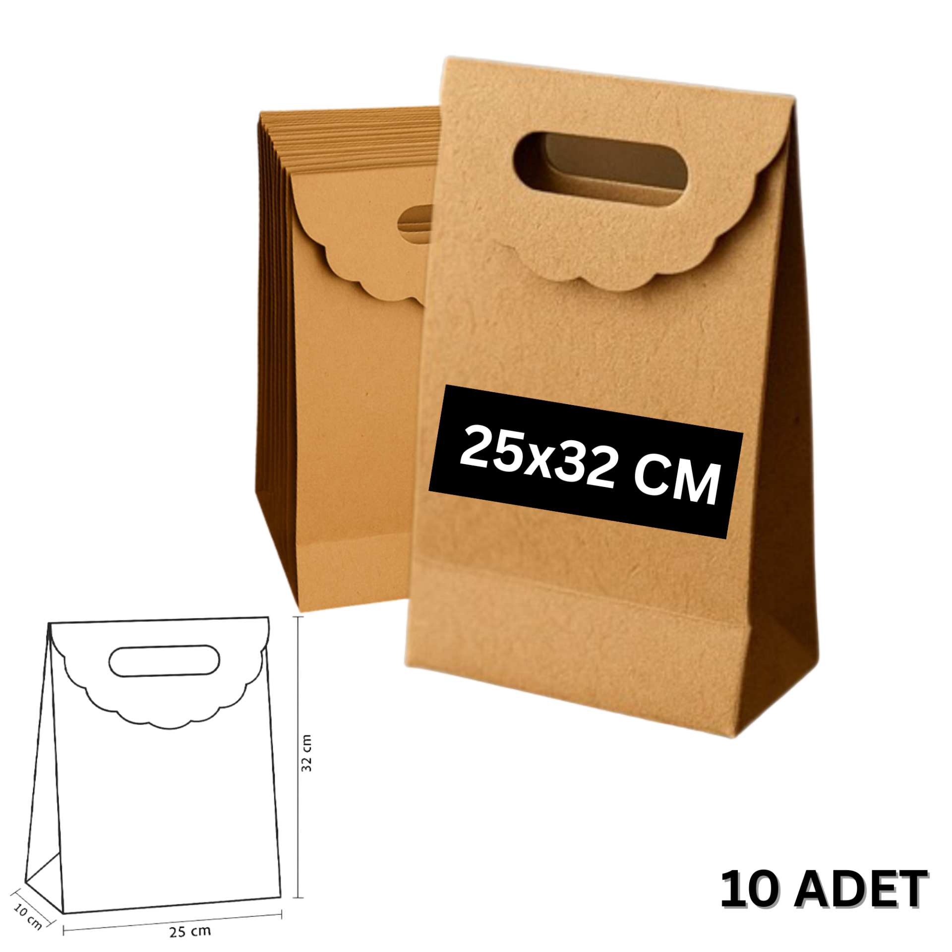 El Geçme Kraft Çanta, Hediye, Alışveriş, Butik, Parti ve Paketleme Çantası, 25x32 Cm, 10 Adet