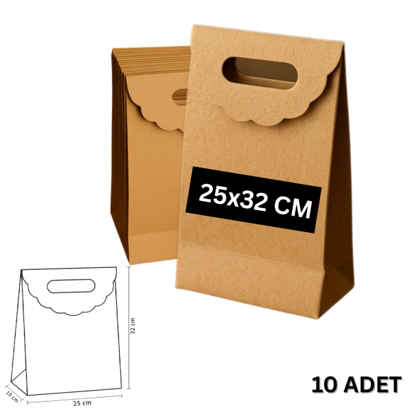 El Geçme Kraft Çanta, Hediye, Alışveriş, Butik, Parti ve Paketleme Çantası, 25x32 Cm, 10 Adet