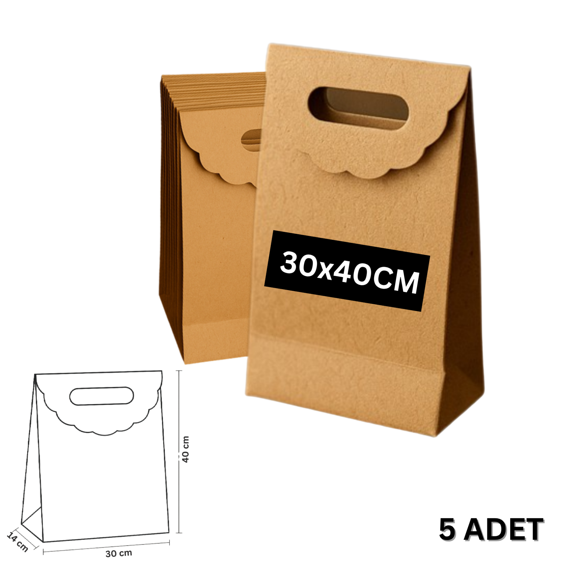 El Geçme Kraft Çanta, Hediye, Alışveriş, Butik, Parti ve Paketleme Çantası, 30x40x14 Cm 5 Adet