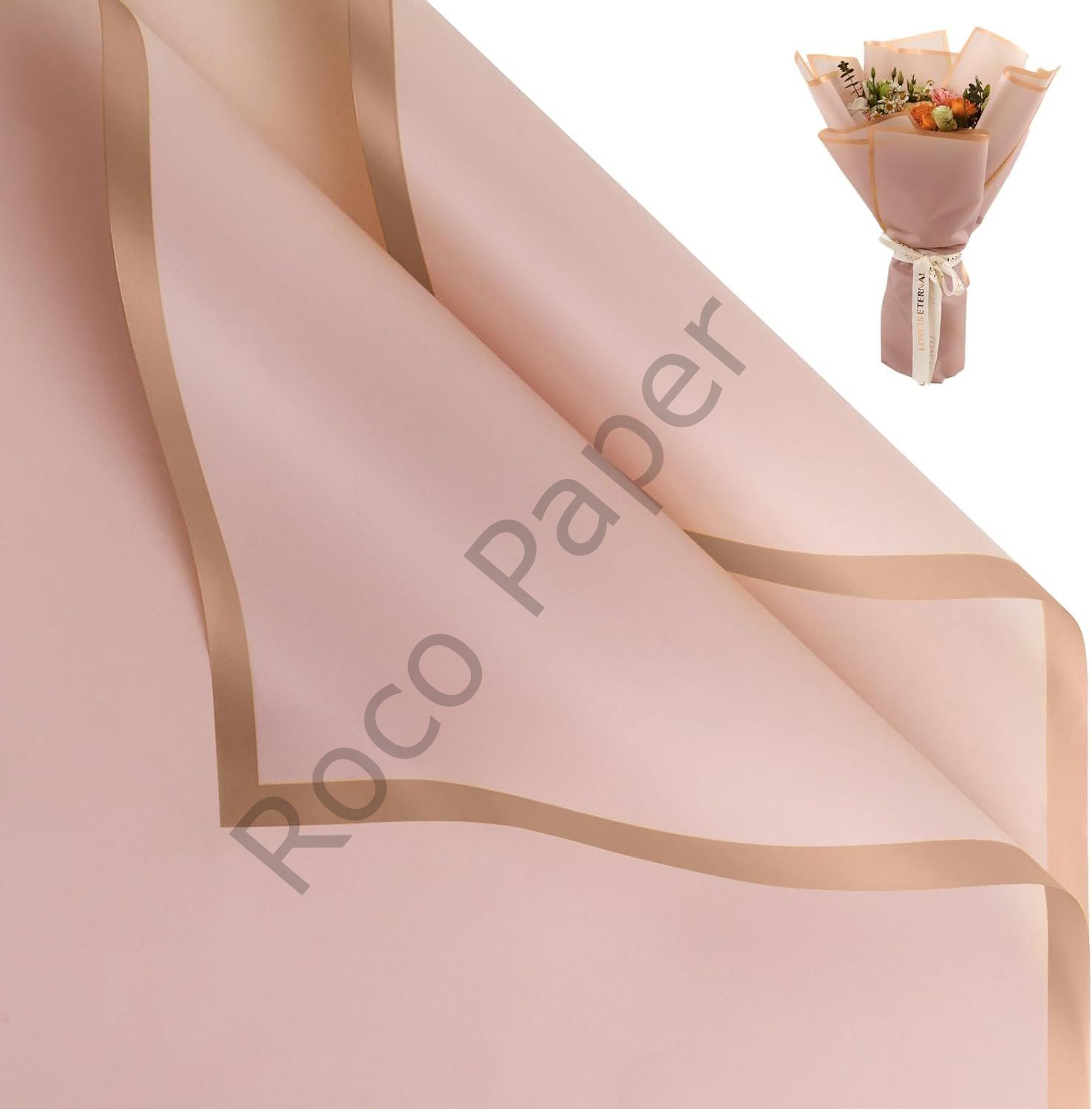 Çiçek Buket Kağıdı - Çiçek Ambalaj Kağıdı - Pembe - Altın Kenarlı - Mat OPP 58x58 cm - 20 Adet