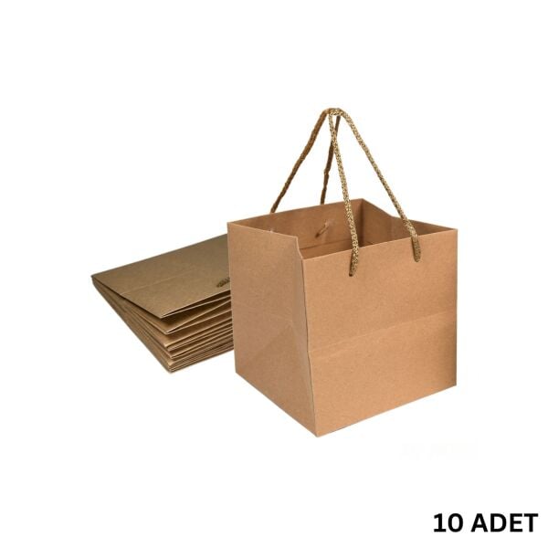 Kraft Karton Pasta Çanta, 10'lu Paket - Kare Taban, Körüklü, İpli Hediye Taşıma Çantası, 10x10x10 Cm