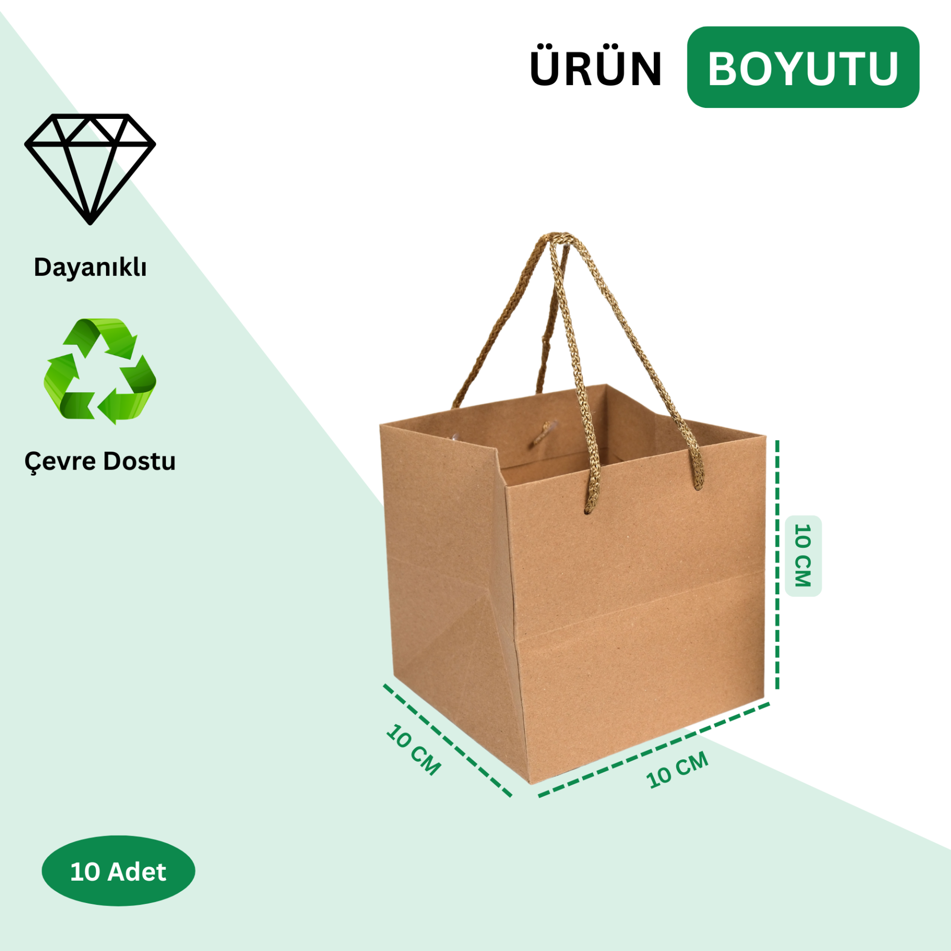 Kraft Karton Pasta Çanta, 10'lu Paket - Kare Taban, Körüklü, İpli Hediye Taşıma Çantası, 10x10x10 Cm