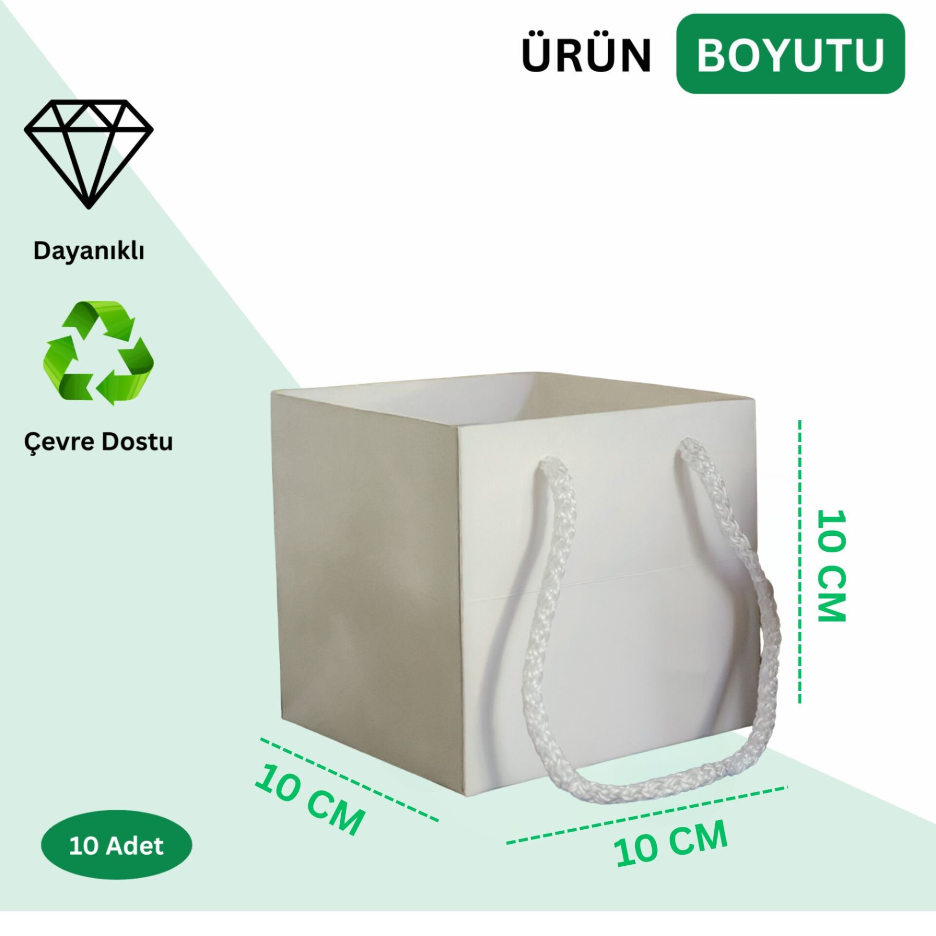 Beyaz Karton Pasta Çanta, 10'lu Paket - Kare Taban, Körüklü, İpli Hediye Taşıma Çantası, 10x10x10 Cm
