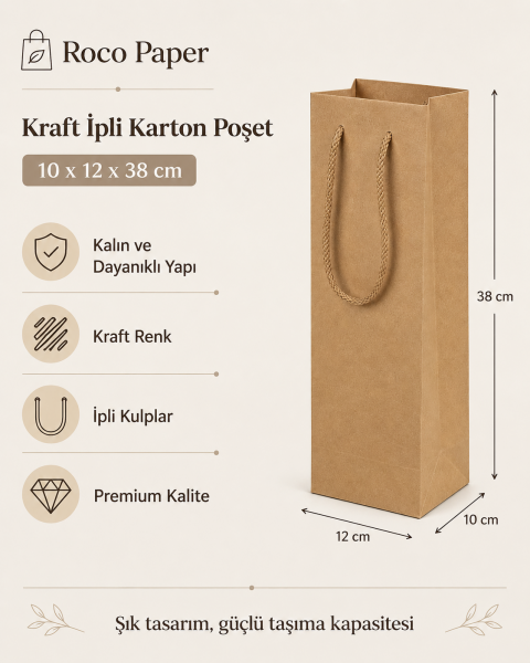 Şişe Taşıma Çantası, Şişelik, Hediye, Alışveriş, Parti için Karton Çanta 10 x 12 x 38 cm Kraft - 1 Adet