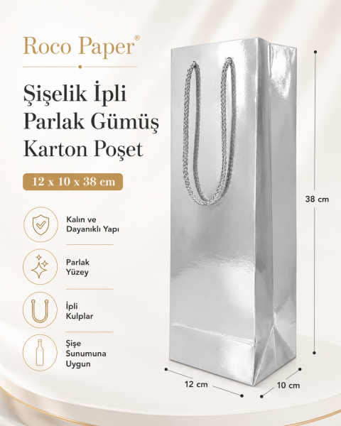 Şişe Taşıma Çantası, Şişelik, Hediye, Alışveriş, Parti için Karton Çanta 10 x 12 x 38 cm Gümüş - 1 Adet