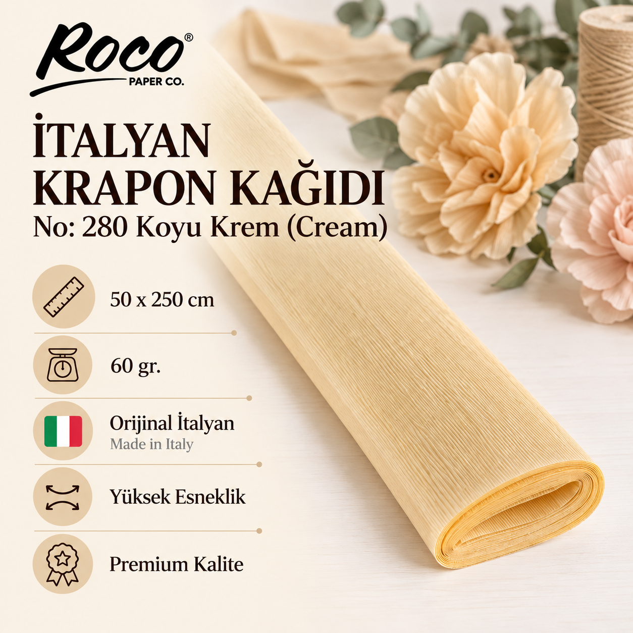 Italyan Krapon Kağıdı No:280 - Koyu Krem (Cream)  60 Gr. 50*250 Cm