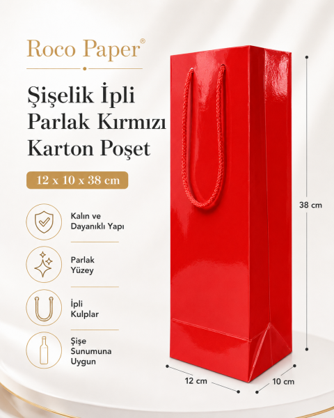 Şişe Taşıma Çantası, Şişelik, Hediye, Alışveriş, Parti için Karton Çanta 10 x 12 x 38 cm Kırmızı - 25 Adet