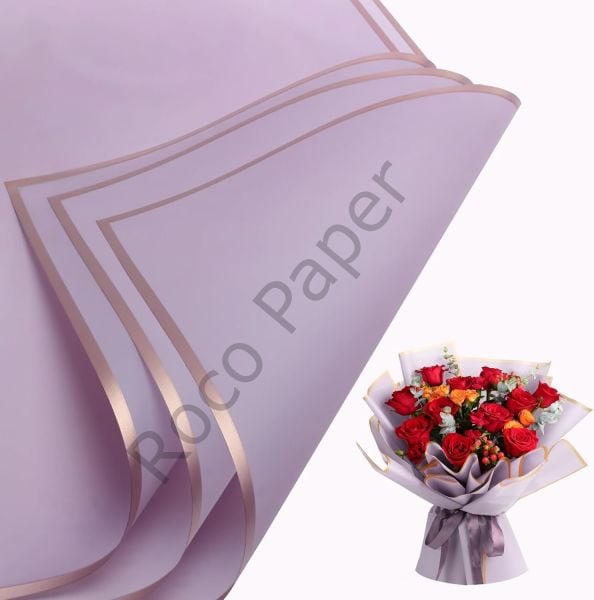 Çiçek Buket Kağıdı, Çiçek Ambalaj Kağıdı - Lila- Altın Kenarlı - Mat OPP 58x58 cm - 20 Adet