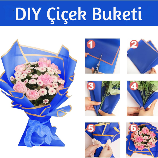 Çiçek Buket Kağıdı, Çiçek Ambalaj Kağıdı - Lacivert- Altın Kenarlı - Mat OPP 57x57 cm - 20 Adet