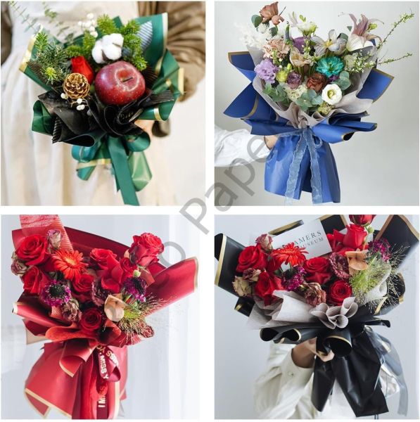 Çiçek Buket Kağıdı, Çiçek Ambalaj Kağıdı - Lacivert- Altın Kenarlı - Mat OPP 57x57 cm - 20 Adet