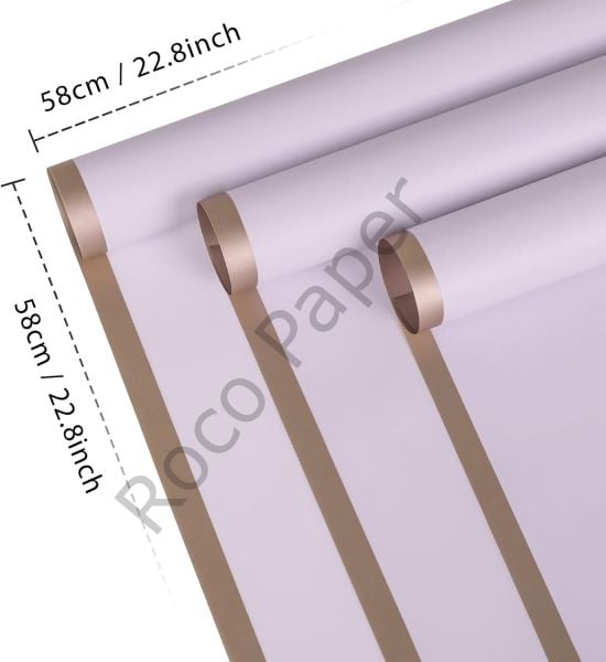 Çiçek Buket Kağıdı, Çiçek Ambalaj Kağıdı - Lila- Altın Kenarlı - Mat OPP 58x58 cm - 5 Adet