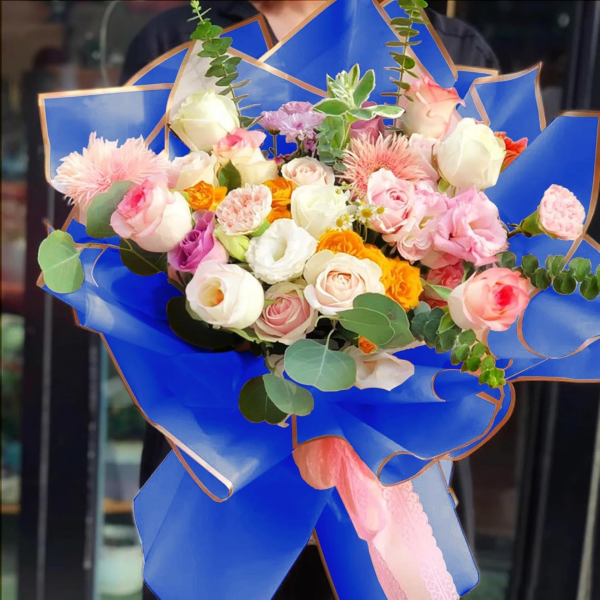 Çiçek Buket Kağıdı, Çiçek Ambalaj Kağıdı - Lacivert- Altın Kenarlı - Mat OPP 57x57 cm - 5 Adet