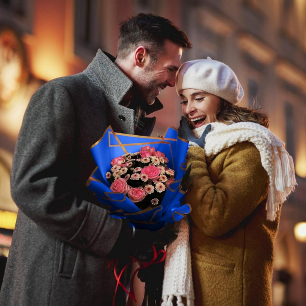 Çiçek Buket Kağıdı, Çiçek Ambalaj Kağıdı - Lacivert- Altın Kenarlı - Mat OPP 57x57 cm - 5 Adet