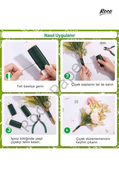 Çiçek Sarma Teli, Çok Amaçlı Çiçek Yapım ve Bağlama Teli, 3Lü Set, 105 Metre – 0.64 Mm Çap (Yeşil)