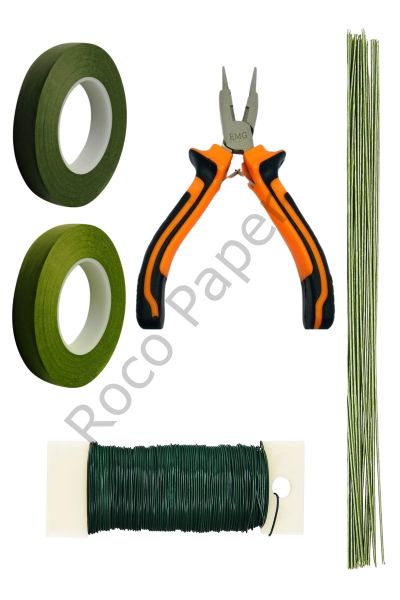 Çiçek Düzenleme Kiti, Çiçek Bandı-1x35metre, Çiçek Teli-0.8mm, Sarma Teli-35m, Tel Pensesi - 5 Parça