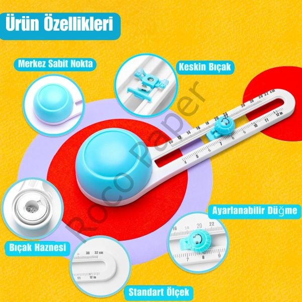 Ayarlanabilir Yuvarlak Kesici, Kağıt El İşleri İçin Dairesel Döner Kesici, Min 10-Max 32 Cm
