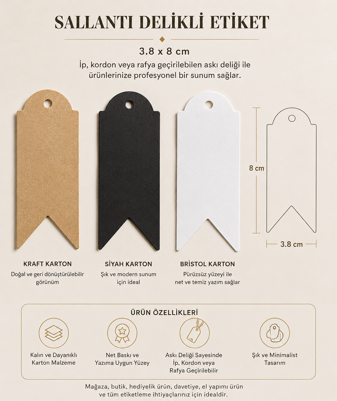 Özelleştirilebilir Delikli Karton Sallantı Kartı Flama 37x80 mm. 100 Adet