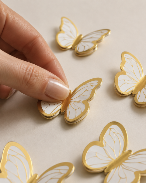 Kelebek Pasta ve Balon Zinciri Süsü 63 Adet 4-6 Cm Gold Yaldızlı Sert Karton Parti Süs Beyaz