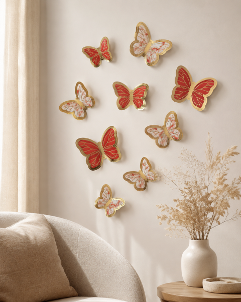Kelebek Pasta ve Balon Zinciri Süsü 63 Adet 4-6 Cm Gold Yaldızlı Sert Karton Parti Süs Kırmızı