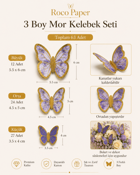 Kelebek Pasta ve Balon Zinciri Süsü 63 Adet 4-6 Cm Gold Yaldızlı Sert Karton Parti Süs Mor