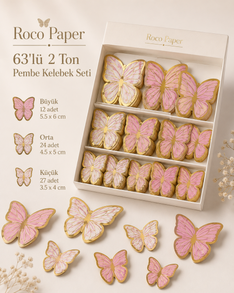 Kelebek Pasta ve Balon Zinciri Süsü 63 Adet 4-6 Cm Gold Yaldızlı Sert Karton Parti Süs Bebek Pembesi