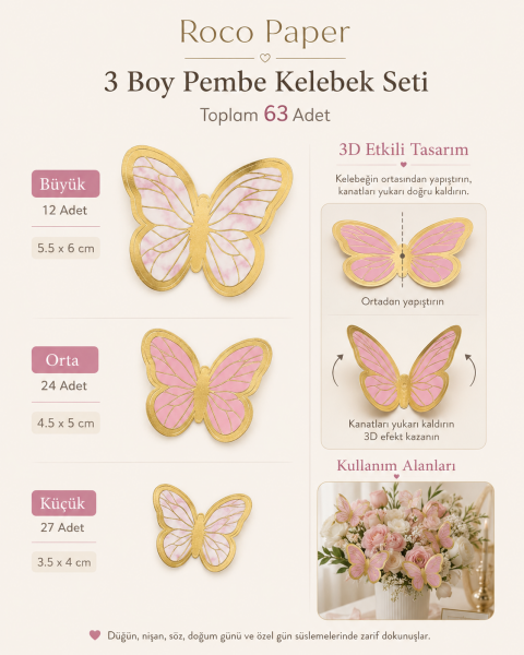 Kelebek Pasta ve Balon Zinciri Süsü 63 Adet 4-6 Cm Gold Yaldızlı Sert Karton Parti Süs Bebek Pembesi