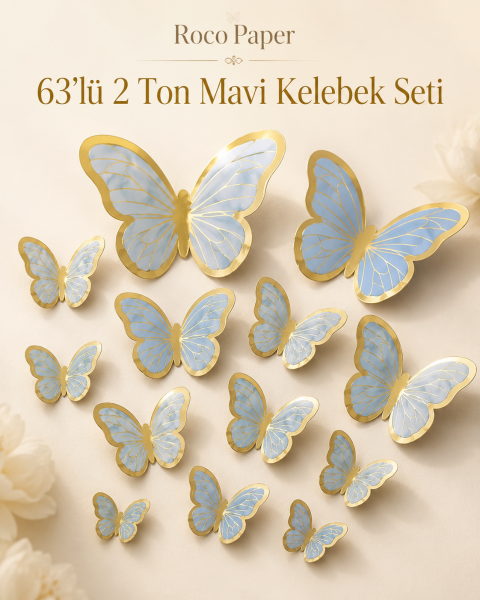 Kelebek Pasta ve Balon Zinciri Süsü 63 Adet 4-6 Cm Gold Yaldızlı Sert Karton Parti Süs Bebek Mavisi