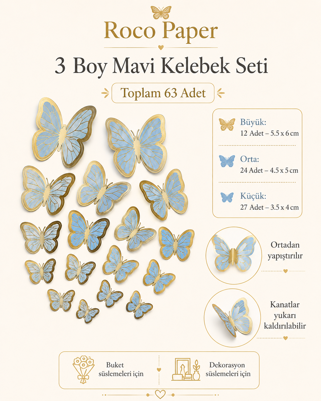 Kelebek Pasta ve Balon Zinciri Süsü 63 Adet 4-6 Cm Gold Yaldızlı Sert Karton Parti Süs Bebek Mavisi
