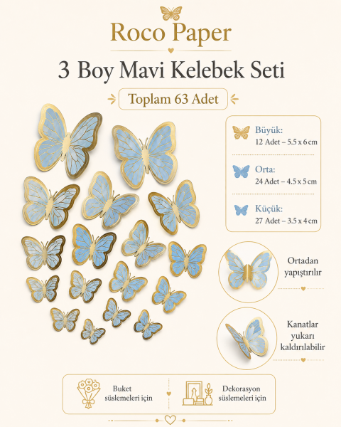 Kelebek Pasta ve Balon Zinciri Süsü 63 Adet 4-6 Cm Gold Yaldızlı Sert Karton Parti Süs Bebek Mavisi