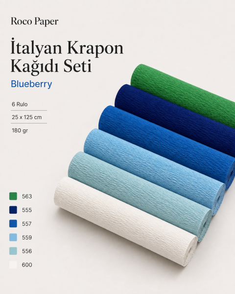 ROCO PAPER İtalyan Krapon Kağıdı Set Blueberry – 180 gr - 25X125 cm 6'lı Paket - %260 esneme özelliği – Renkli Kağıt Çiçekler