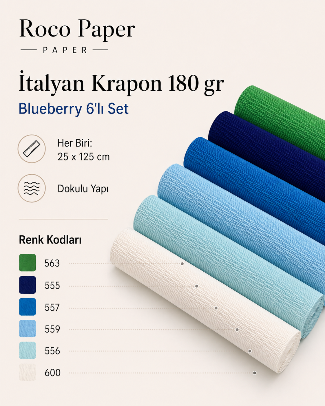 ROCO PAPER İtalyan Krapon Kağıdı Set Blueberry – 180 gr - 25X125 cm 6'lı Paket - %260 esneme özelliği – Renkli Kağıt Çiçekler