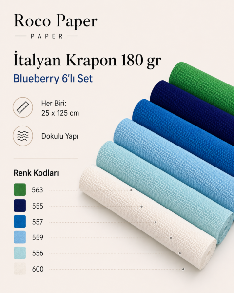 ROCO PAPER İtalyan Krapon Kağıdı Set Blueberry – 180 gr - 25X125 cm 6'lı Paket - %260 esneme özelliği – Renkli Kağıt Çiçekler