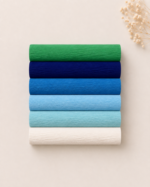 ROCO PAPER İtalyan Krapon Kağıdı Set Blueberry – 180 gr - 25X125 cm 6'lı Paket - %260 esneme özelliği – Renkli Kağıt Çiçekler