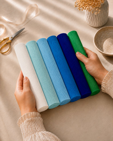 ROCO PAPER İtalyan Krapon Kağıdı Set Blueberry – 180 gr - 25X125 cm 6'lı Paket - %260 esneme özelliği – Renkli Kağıt Çiçekler