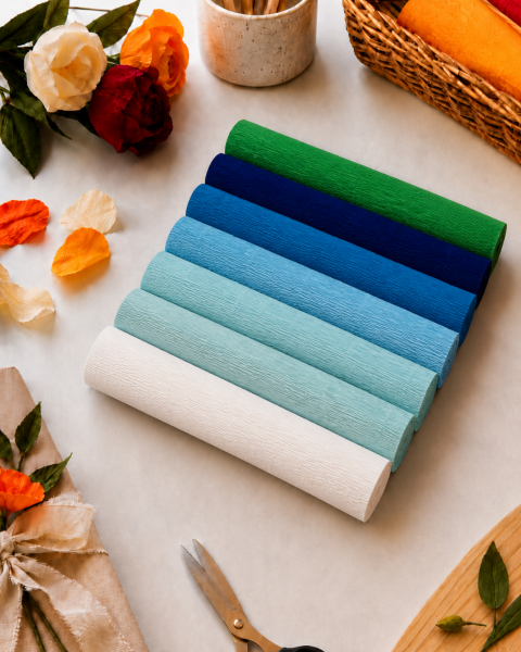 ROCO PAPER İtalyan Krapon Kağıdı Set Blueberry – 180 gr - 25X125 cm 6'lı Paket - %260 esneme özelliği – Renkli Kağıt Çiçekler