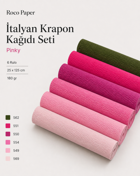 ROCO PAPER İtalyan Krapon Kağıdı Set Pinky – 180 gr - 25X125 cm 6'lı Paket - %260 esneme özelliği – Renkli Kağıt Çiçekler