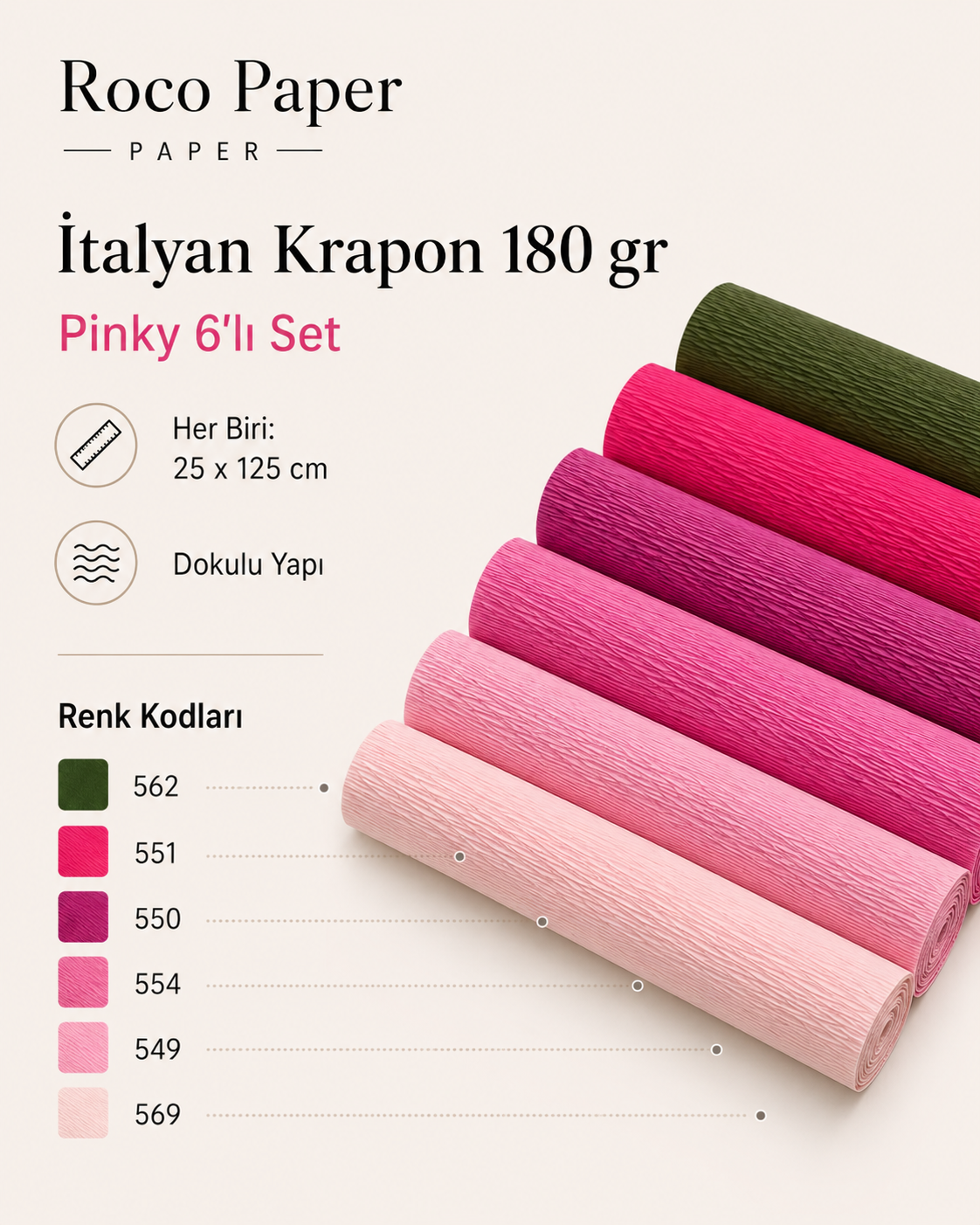 ROCO PAPER İtalyan Krapon Kağıdı Set Pinky – 180 gr - 25X125 cm 6'lı Paket - %260 esneme özelliği – Renkli Kağıt Çiçekler