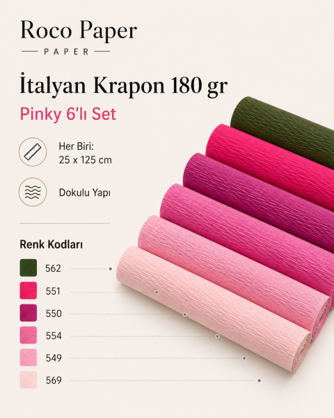 ROCO PAPER İtalyan Krapon Kağıdı Set Pinky – 180 gr - 25X125 cm 6'lı Paket - %260 esneme özelliği – Renkli Kağıt Çiçekler