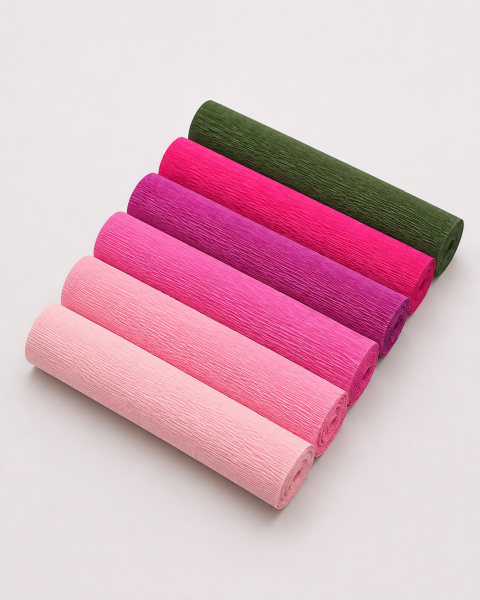 ROCO PAPER İtalyan Krapon Kağıdı Set Pinky – 180 gr - 25X125 cm 6'lı Paket - %260 esneme özelliği – Renkli Kağıt Çiçekler