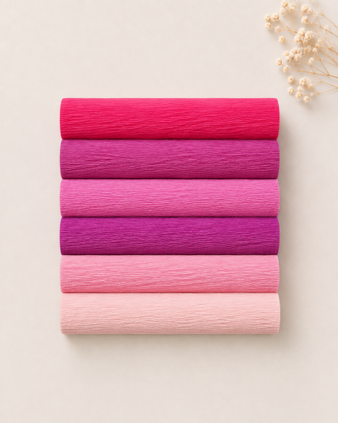 ROCO PAPER İtalyan Krapon Kağıdı Set Pinky – 180 gr - 25X125 cm 6'lı Paket - %260 esneme özelliği – Renkli Kağıt Çiçekler