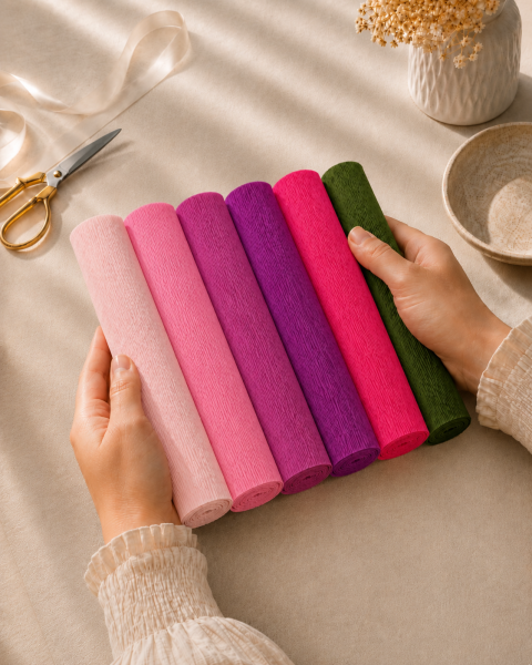 ROCO PAPER İtalyan Krapon Kağıdı Set Pinky – 180 gr - 25X125 cm 6'lı Paket - %260 esneme özelliği – Renkli Kağıt Çiçekler