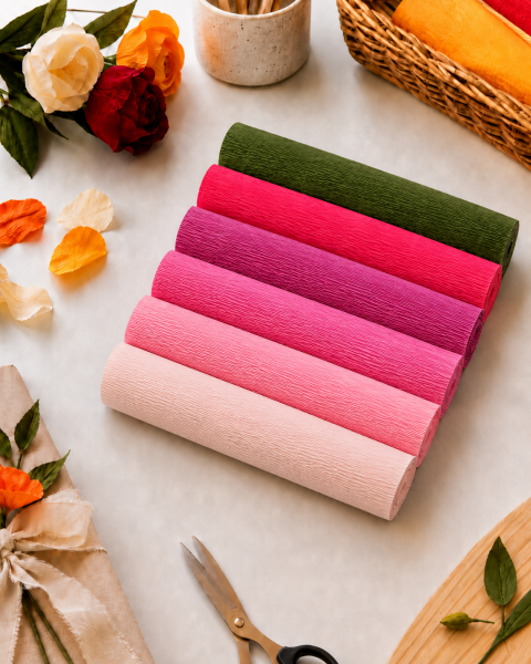 ROCO PAPER İtalyan Krapon Kağıdı Set Pinky – 180 gr - 25X125 cm 6'lı Paket - %260 esneme özelliği – Renkli Kağıt Çiçekler