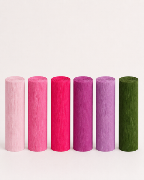 ROCO PAPER İtalyan Krapon Kağıdı Set Pinky – 180 gr - 25X125 cm 6'lı Paket - %260 esneme özelliği – Renkli Kağıt Çiçekler