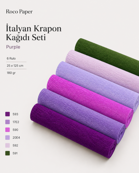 ROCO PAPER İtalyan Krapon Kağıdı Set Purple – 180 gr - 25X125 cm 6'lı Paket - %260 esneme özelliği – Renkli Kağıt Çiçekler
