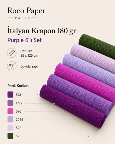 ROCO PAPER İtalyan Krapon Kağıdı Set Purple – 180 gr - 25X125 cm 6'lı Paket - %260 esneme özelliği – Renkli Kağıt Çiçekler