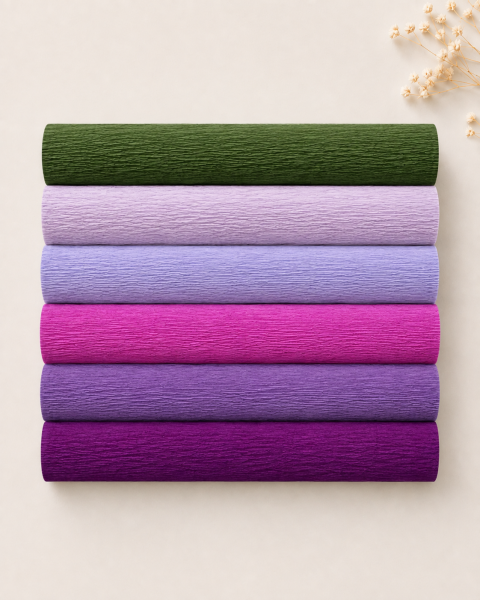 ROCO PAPER İtalyan Krapon Kağıdı Set Purple – 180 gr - 25X125 cm 6'lı Paket - %260 esneme özelliği – Renkli Kağıt Çiçekler